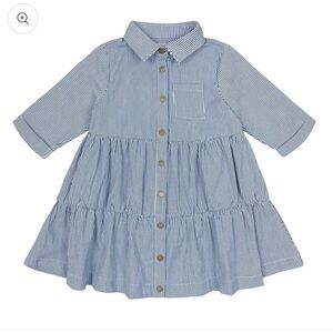 Teela Denim Pinstripe Tiered Dress Girls Sz 12 Button Down Collared Knee Length